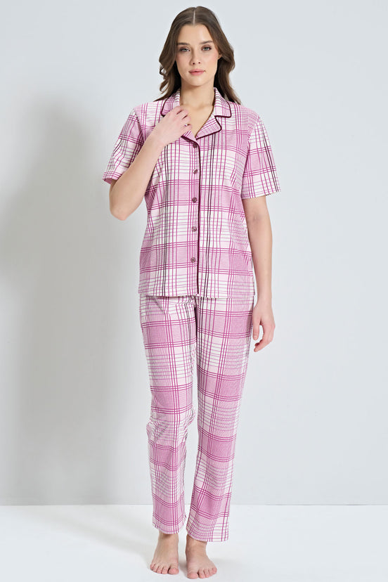 Pınarca Kadın Pijama Takımı Kısa Kollu Ekose Desenli Gömlek Yaka
