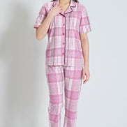 Pınarca Kadın Pijama Takımı Kısa Kollu Ekose Desenli Gömlek Yaka
