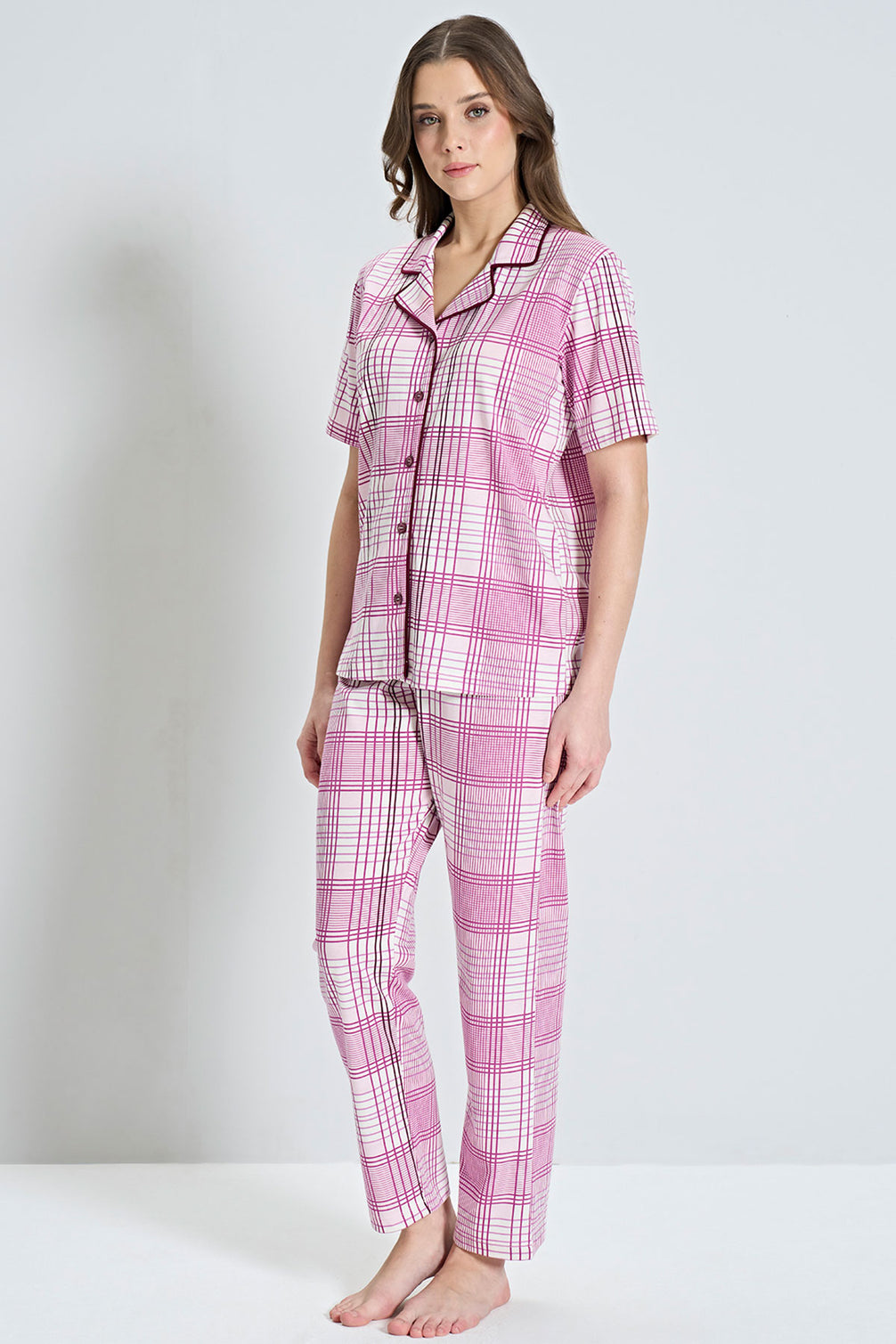 Pınarca Kadın Pijama Takımı Kısa Kollu Ekose Desenli Gömlek Yaka