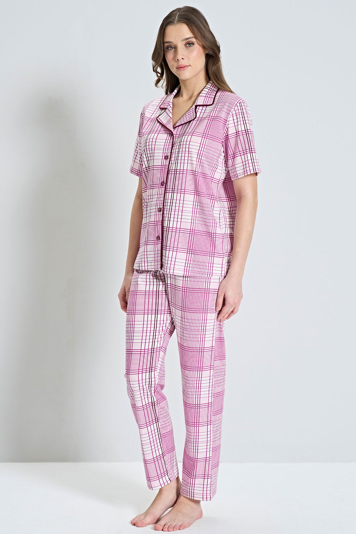 Pınarca Kadın Pijama Takımı Kısa Kollu Ekose Desenli Gömlek Yaka