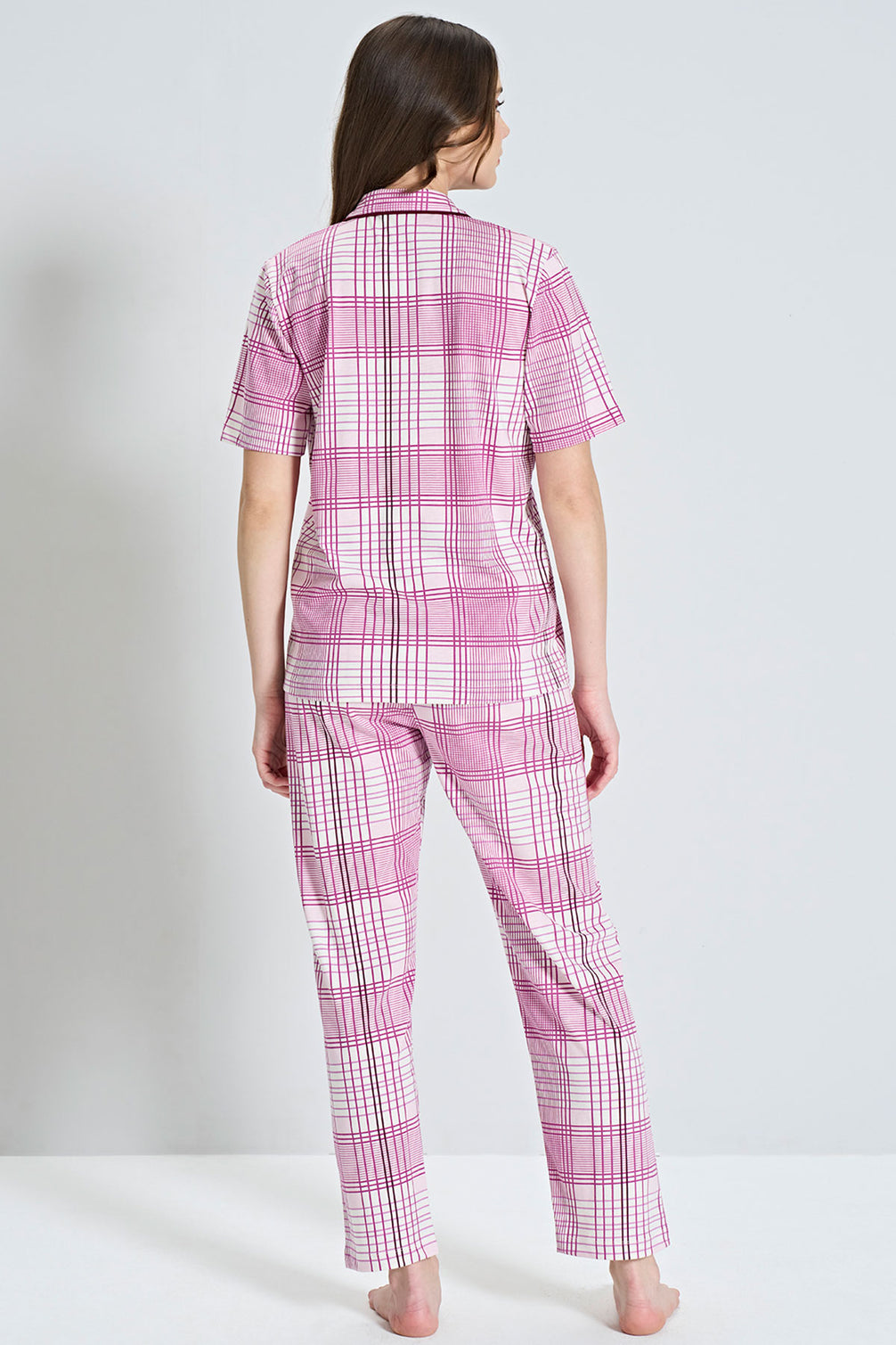 Pınarca Kadın Pijama Takımı Kısa Kollu Ekose Desenli Gömlek Yaka