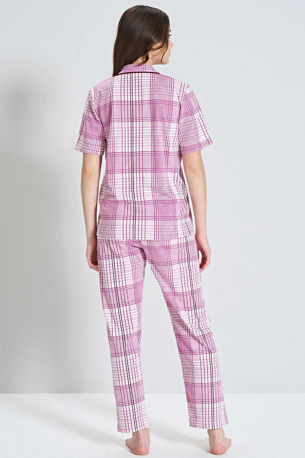 Pınarca Kadın Pijama Takımı Kısa Kollu Ekose Desenli Gömlek Yaka