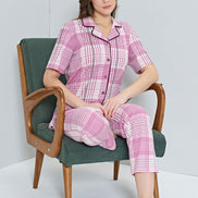 Pınarca Kadın Pijama Takımı Kısa Kollu Ekose Desenli Gömlek Yaka