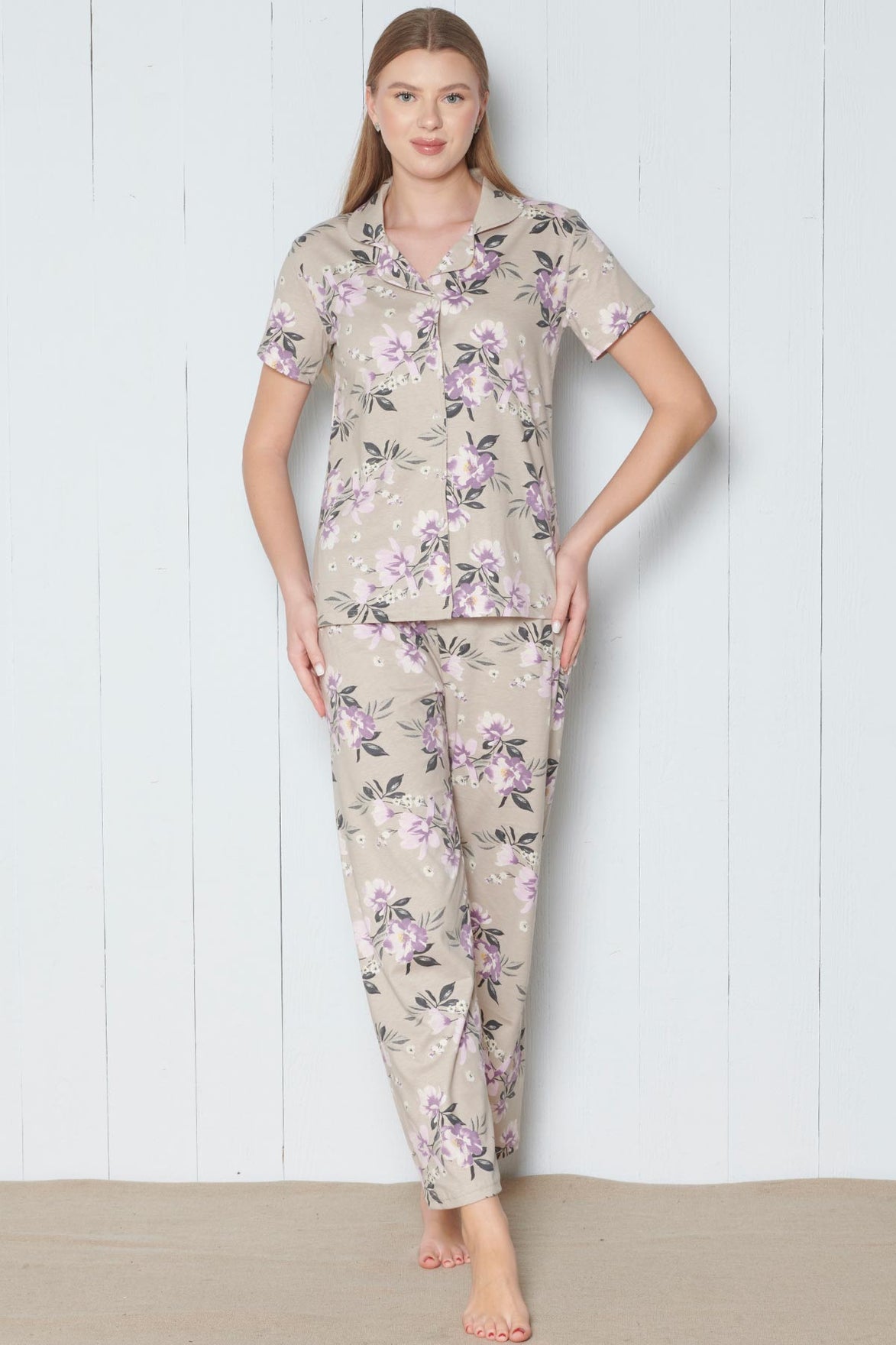 Pınarca Kadın Pijama Takımı Kısa Kollu Gömlek Yaka Çiçek Desenli