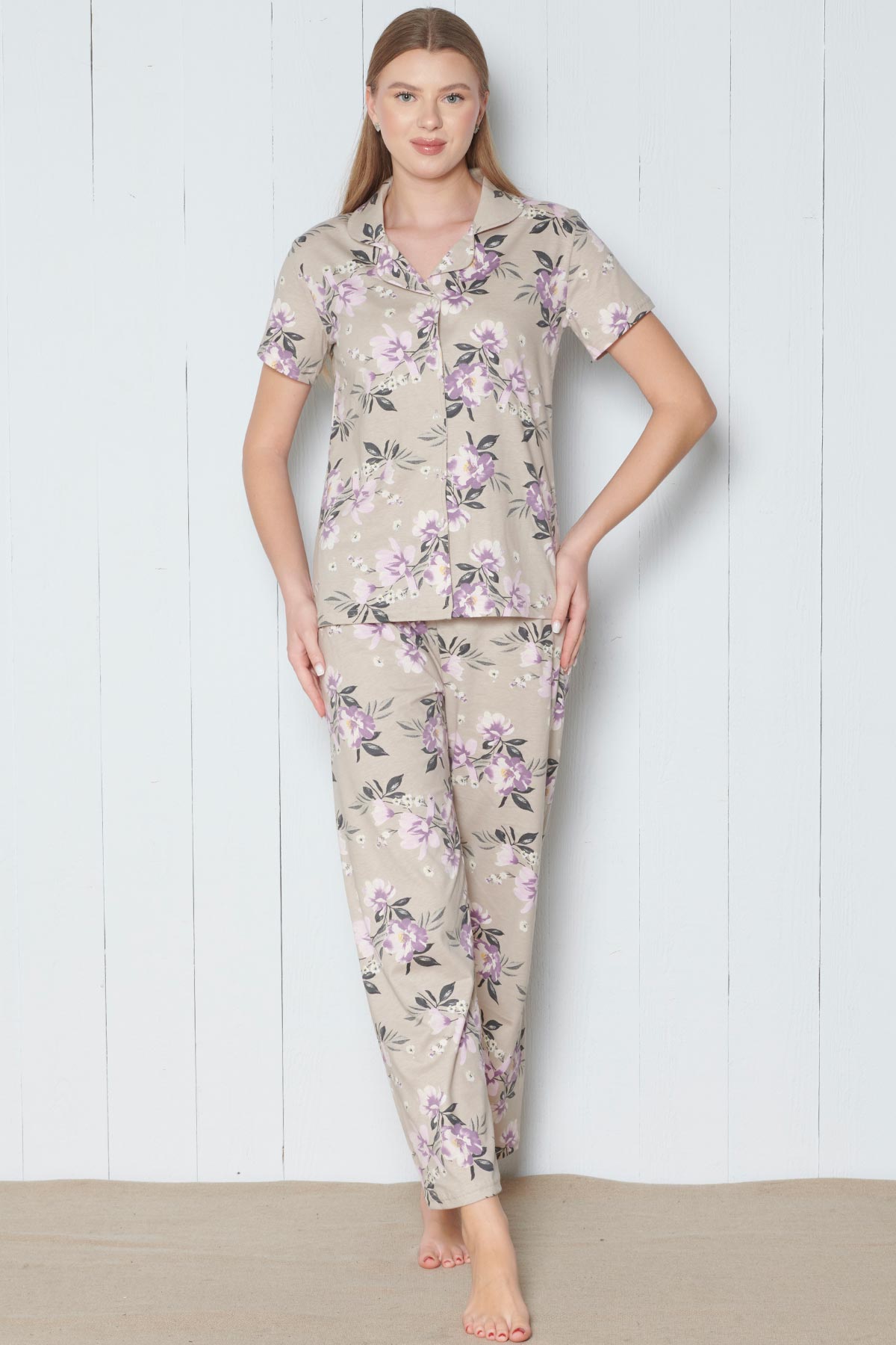 Pınarca Kadın Pijama Takımı Kısa Kollu Gömlek Yaka Çiçek Desenli