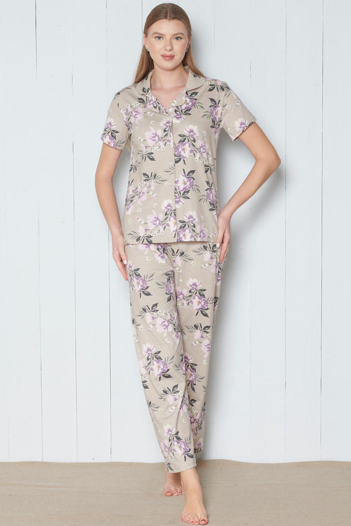 Pınarca Kadın Pijama Takımı Kısa Kollu Gömlek Yaka Çiçek Desenli