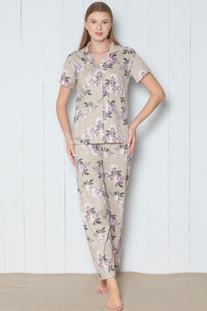 Pınarca Kadın Pijama Takımı Kısa Kollu Gömlek Yaka Çiçek Desenli