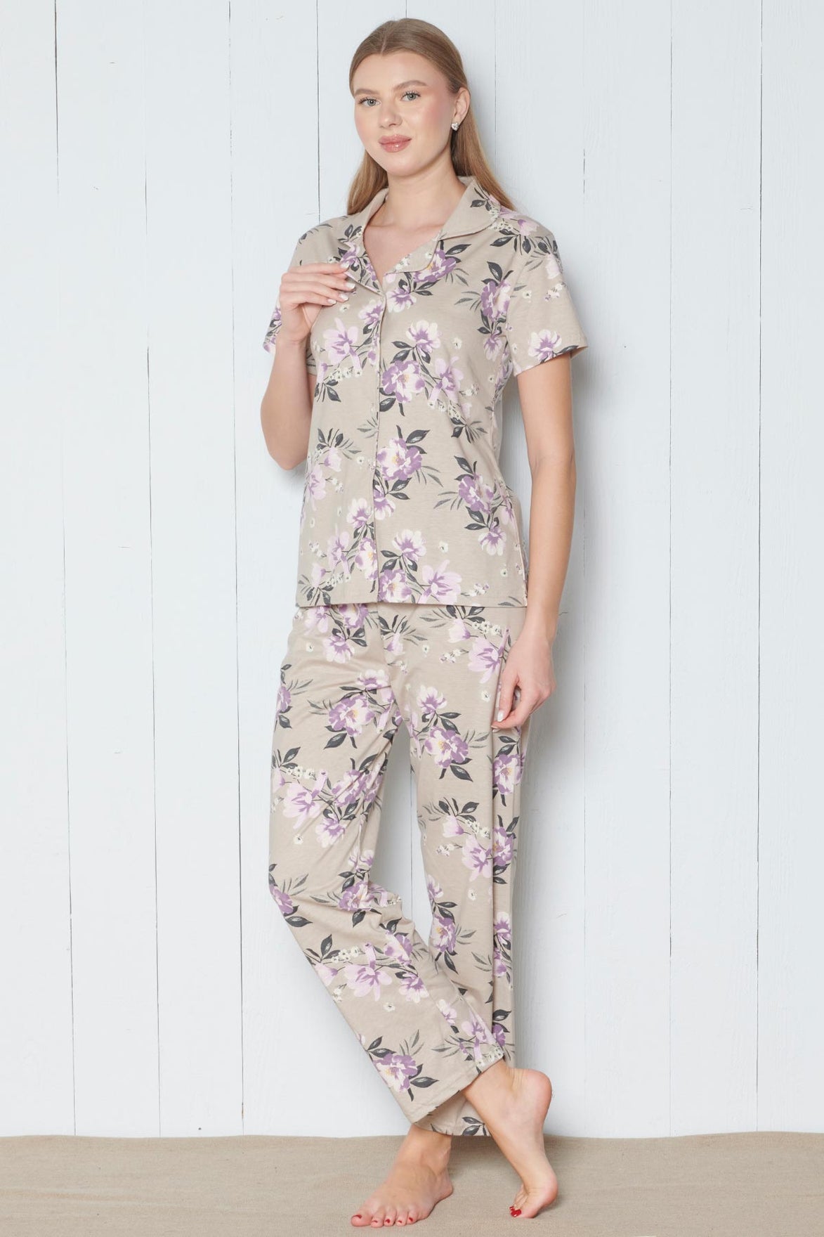 Pınarca Kadın Pijama Takımı Kısa Kollu Gömlek Yaka Çiçek Desenli
