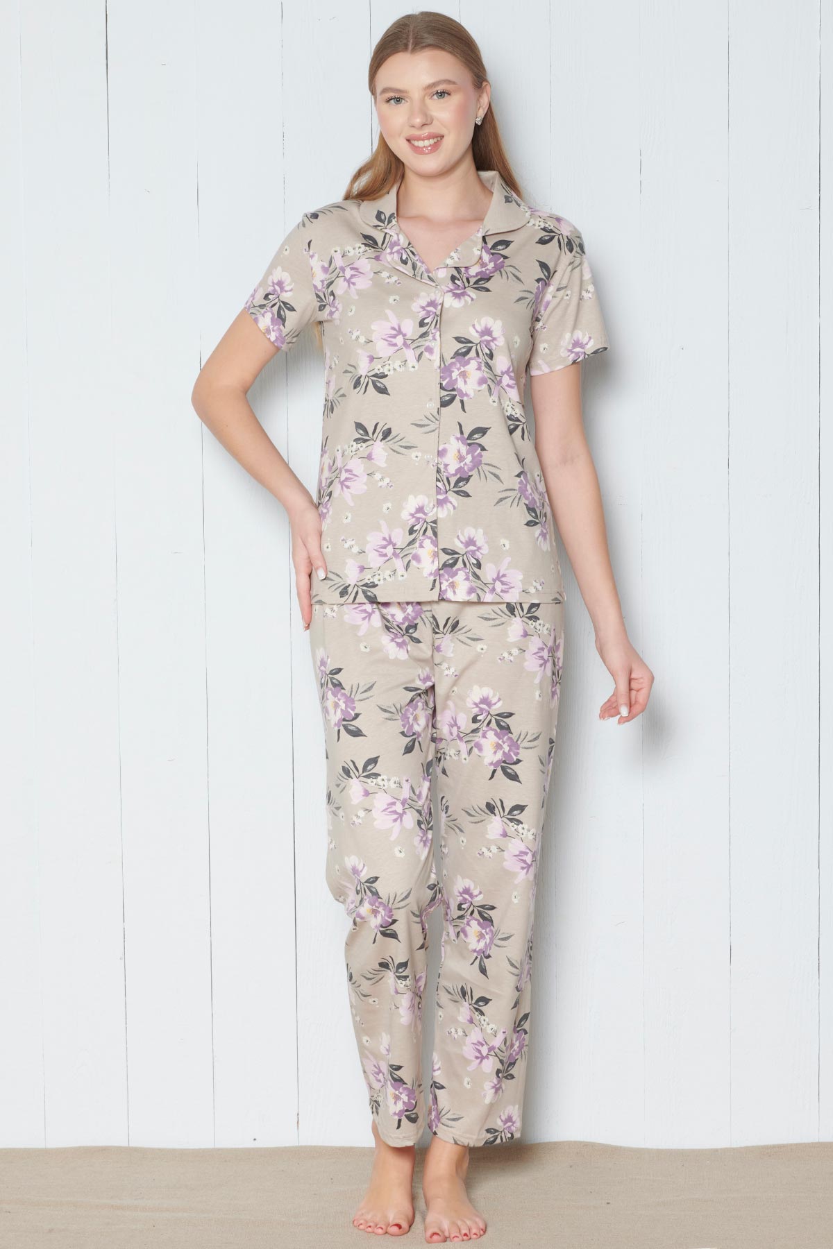 Pınarca Kadın Pijama Takımı Kısa Kollu Gömlek Yaka Çiçek Desenli