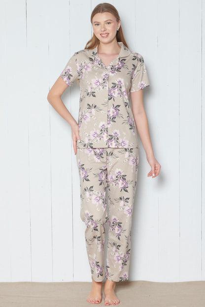 Pınarca Kadın Pijama Takımı Kısa Kollu Gömlek Yaka Çiçek Desenli