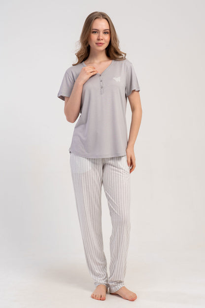 Pınarca Kadın Pijama Takımı Kısa Kollu Gömlek Yaka Çizgili Viskon