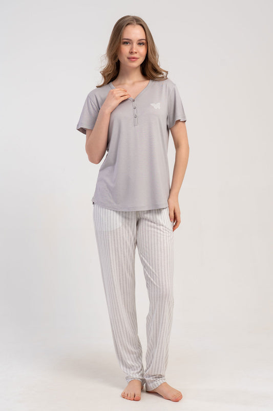 Pınarca Kadın Pijama Takımı Kısa Kollu Gömlek Yaka Çizgili Viskon