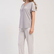 Pınarca Kadın Pijama Takımı Kısa Kollu Gömlek Yaka Çizgili Viskon