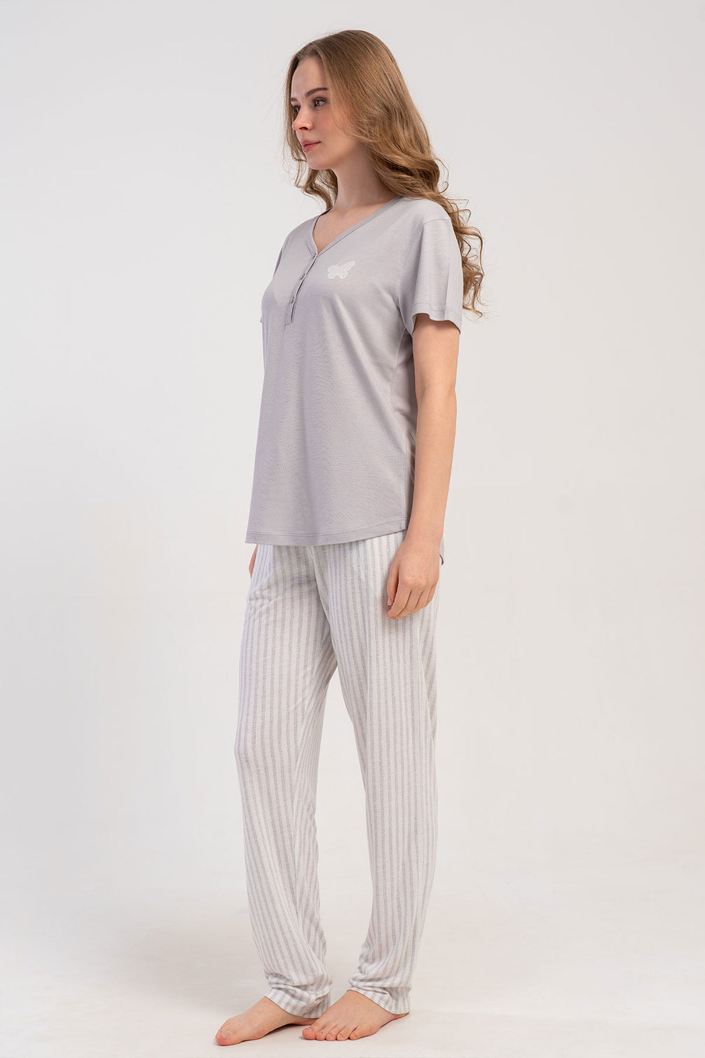 Pınarca Kadın Pijama Takımı Kısa Kollu Gömlek Yaka Çizgili Viskon
