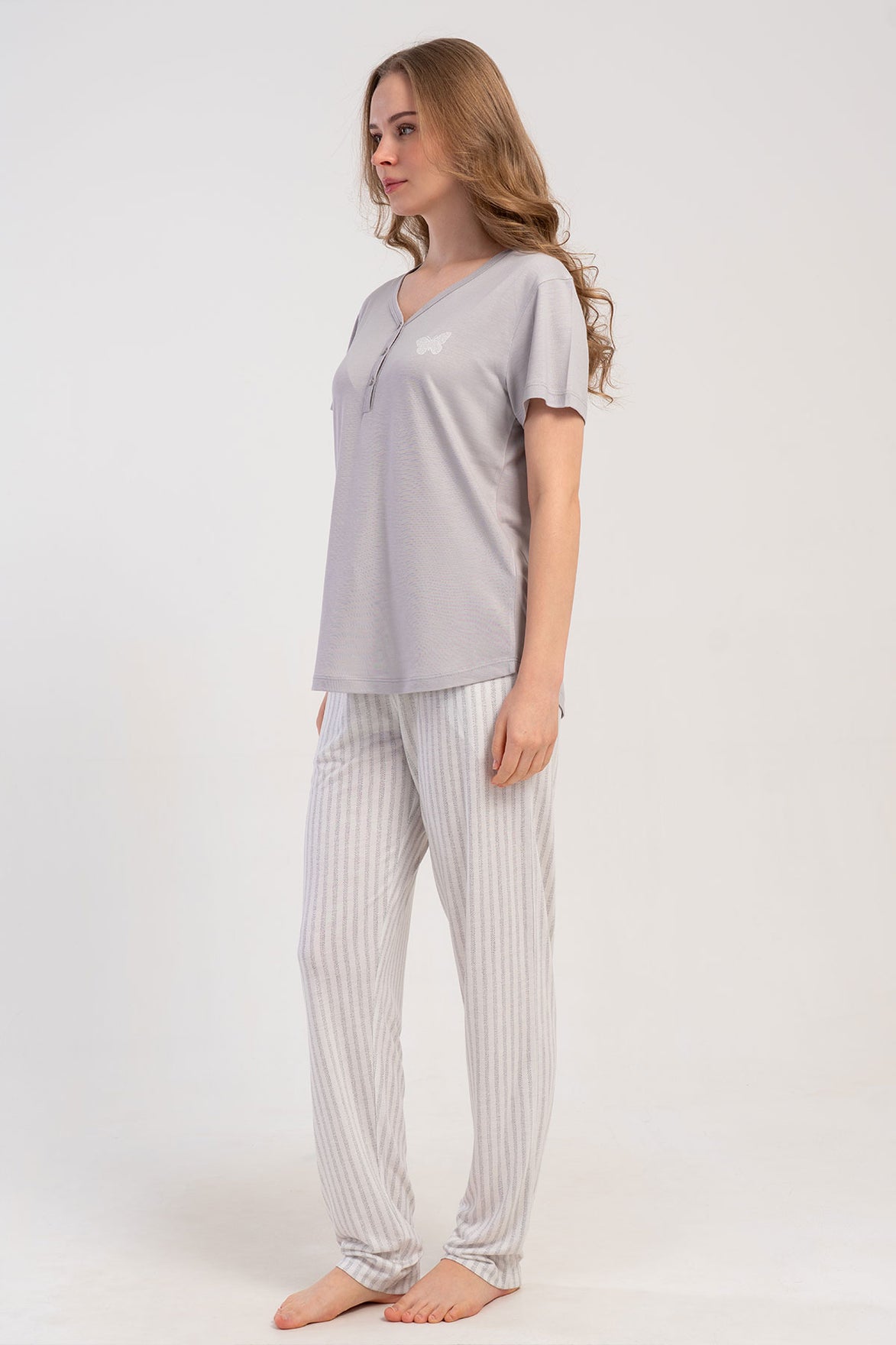 Pınarca Kadın Pijama Takımı Kısa Kollu Gömlek Yaka Çizgili Viskon