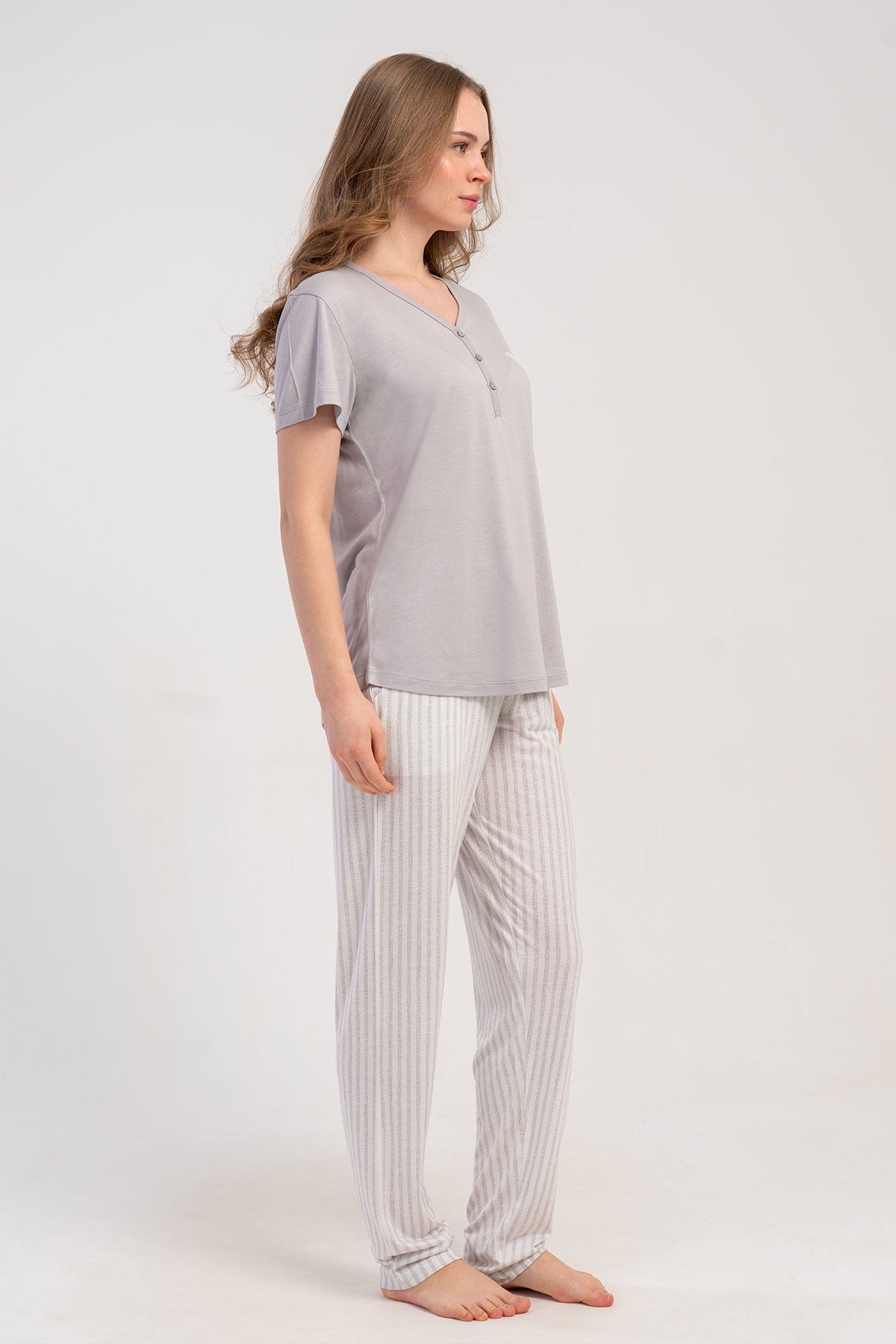 Pınarca Kadın Pijama Takımı Kısa Kollu Gömlek Yaka Çizgili Viskon