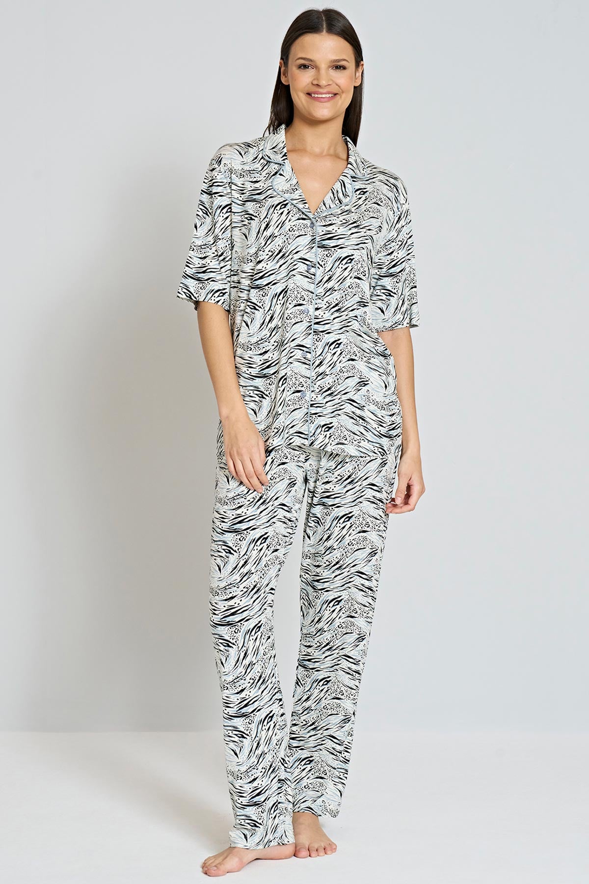 Pınarca Kadın Pijama Takımı Kısa Kollu Gömlek Yaka Desenli