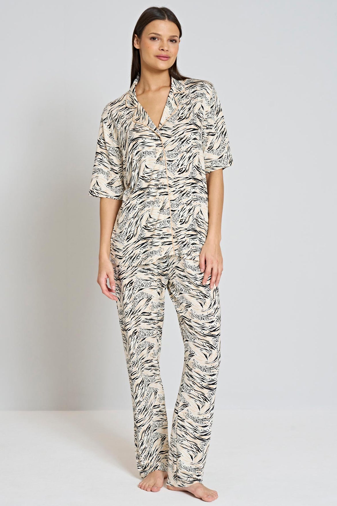 Pınarca Kadın Pijama Takımı Kısa Kollu Gömlek Yaka Desenli