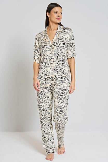 Pınarca Kadın Pijama Takımı Kısa Kollu Gömlek Yaka Desenli