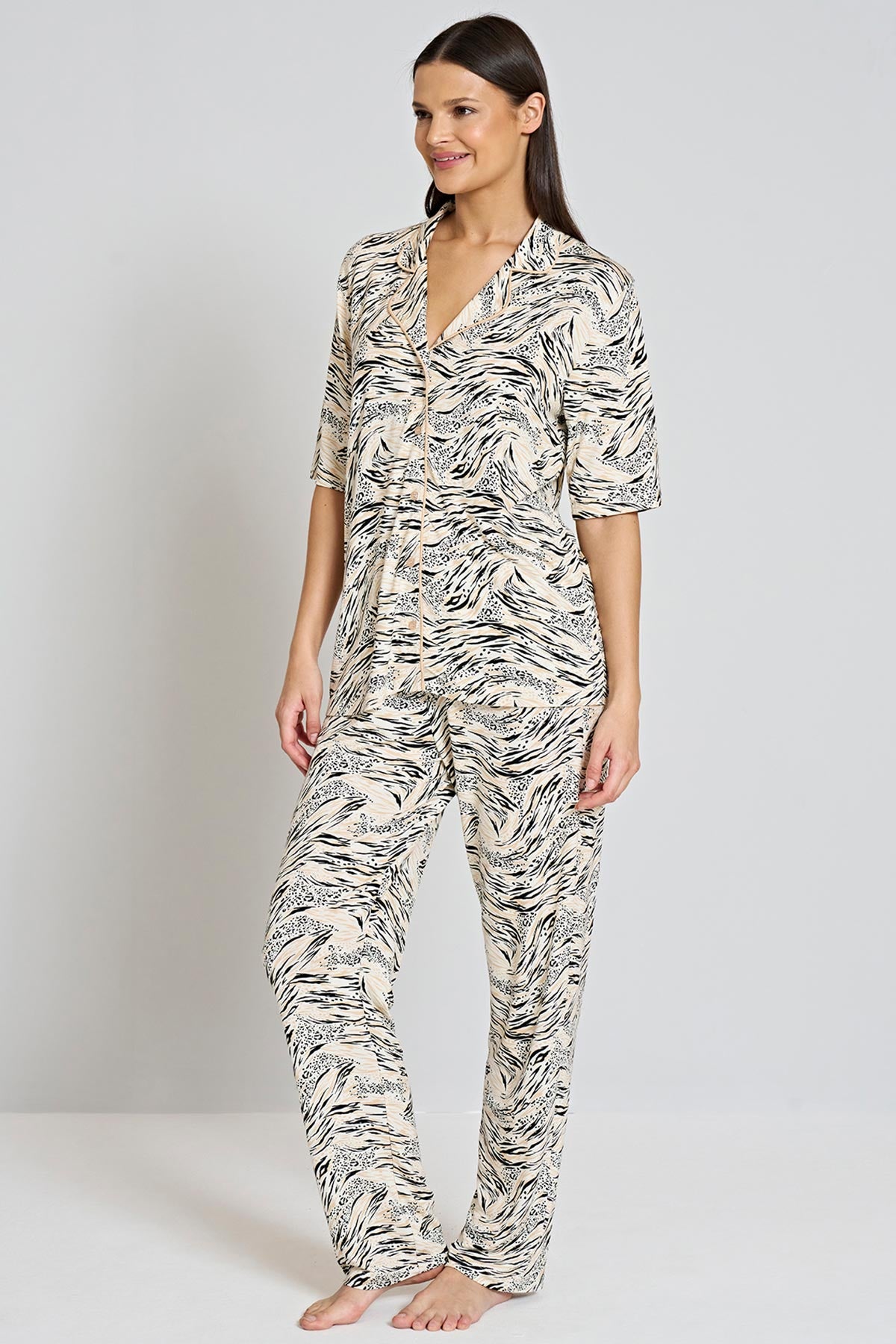 Pınarca Kadın Pijama Takımı Kısa Kollu Gömlek Yaka Desenli