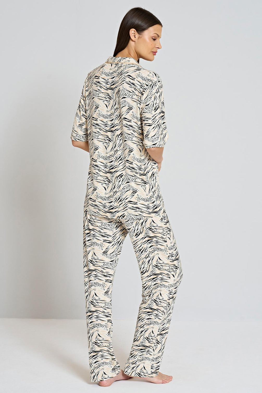 Pınarca Kadın Pijama Takımı Kısa Kollu Gömlek Yaka Desenli
