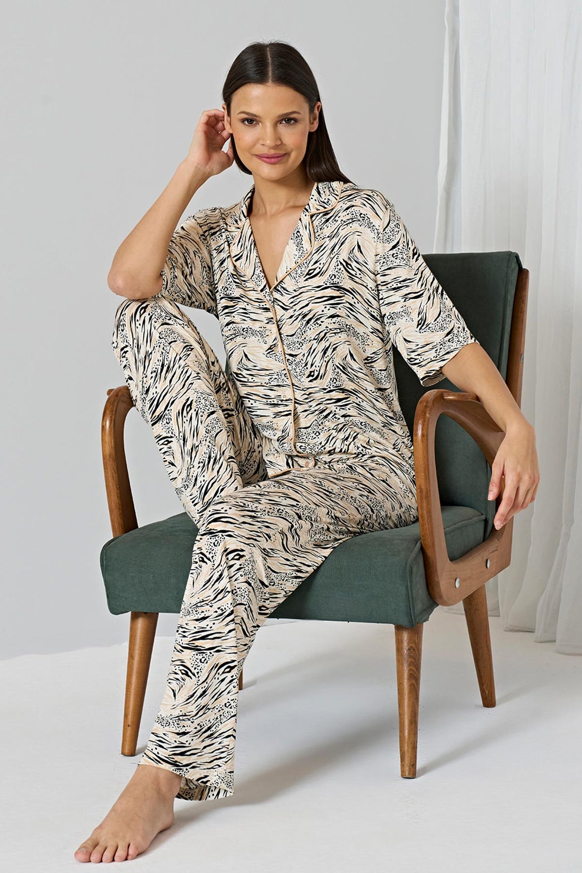 Pınarca Kadın Pijama Takımı Kısa Kollu Gömlek Yaka Desenli