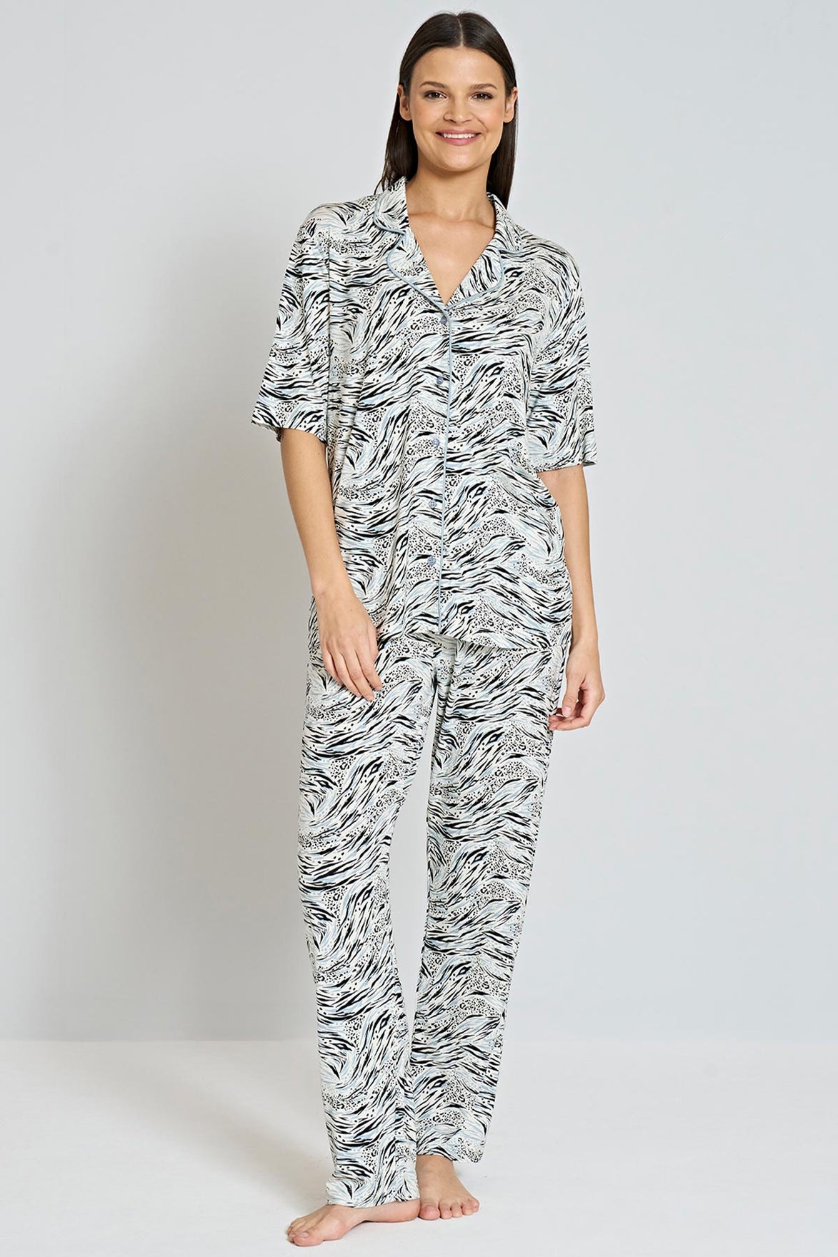 Pınarca Kadın Pijama Takımı Kısa Kollu Gömlek Yaka Desenli