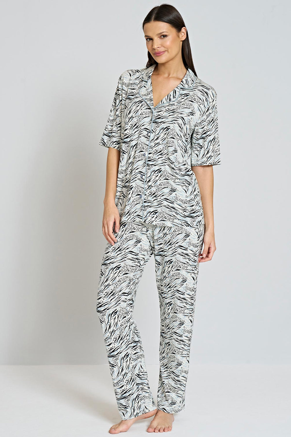 Pınarca Kadın Pijama Takımı Kısa Kollu Gömlek Yaka Desenli