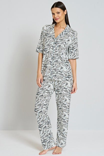 Pınarca Kadın Pijama Takımı Kısa Kollu Gömlek Yaka Desenli