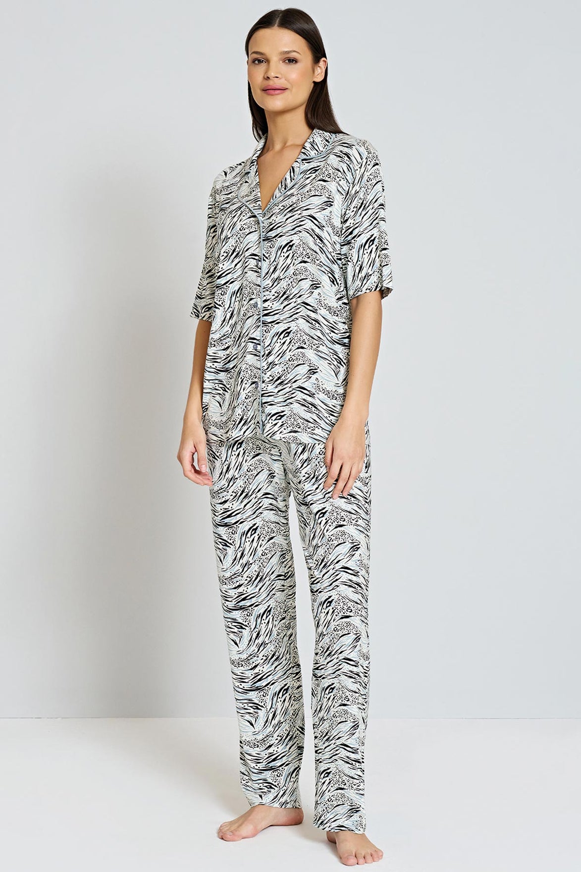 Pınarca Kadın Pijama Takımı Kısa Kollu Gömlek Yaka Desenli