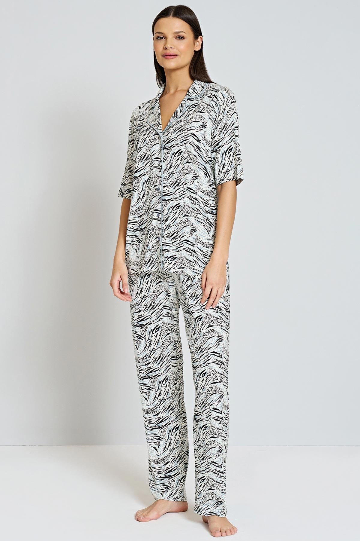 Pınarca Kadın Pijama Takımı Kısa Kollu Gömlek Yaka Desenli