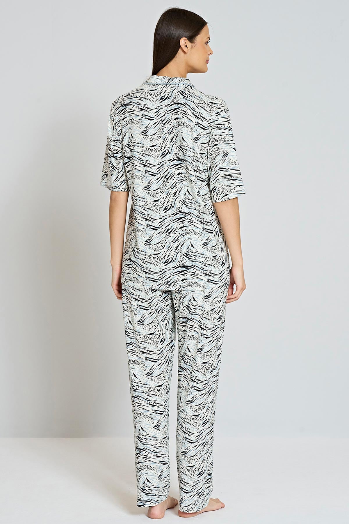 Pınarca Kadın Pijama Takımı Kısa Kollu Gömlek Yaka Desenli