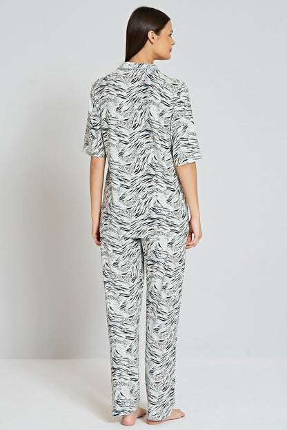 Pınarca Kadın Pijama Takımı Kısa Kollu Gömlek Yaka Desenli