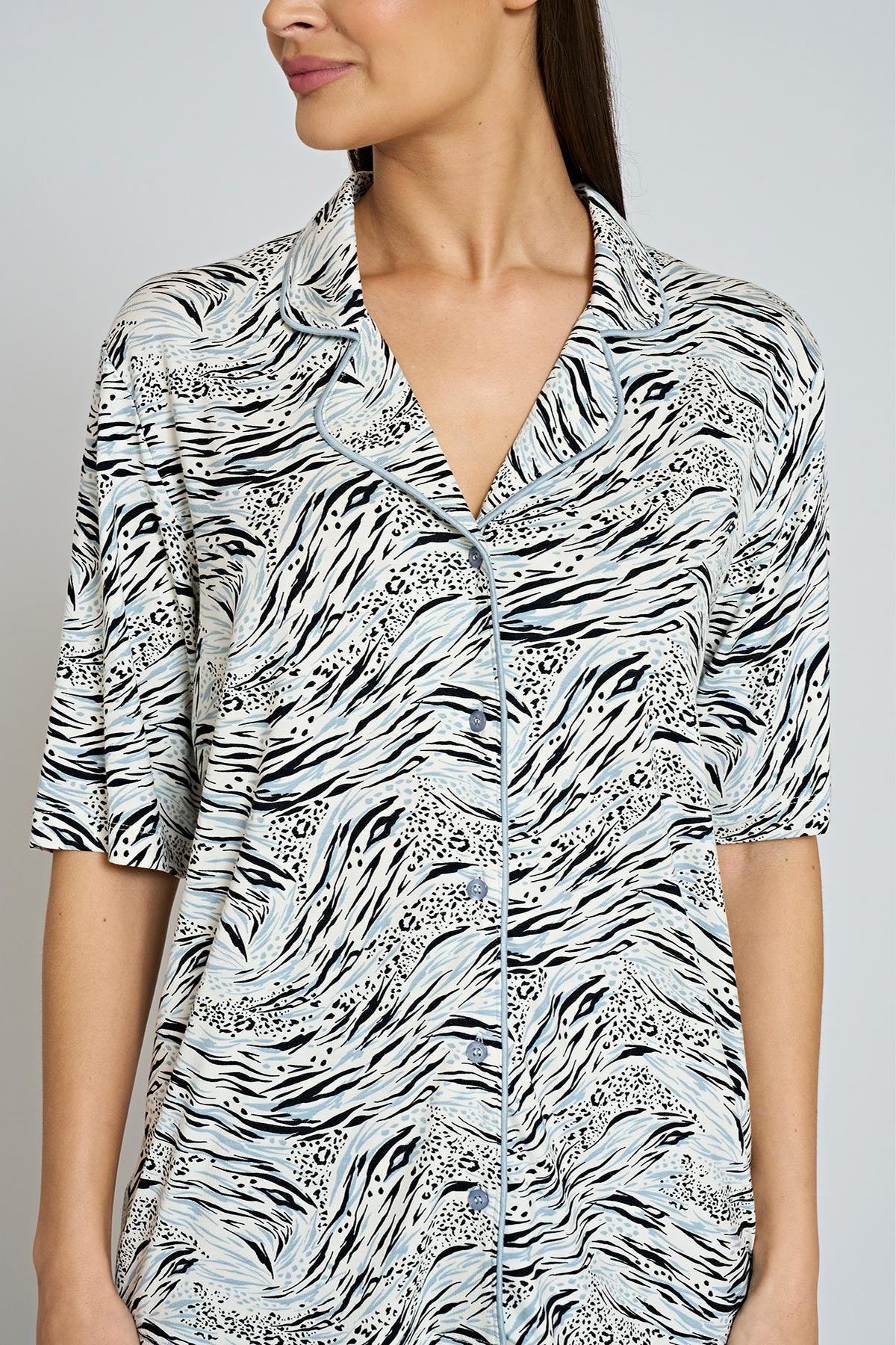 Pınarca Kadın Pijama Takımı Kısa Kollu Gömlek Yaka Desenli