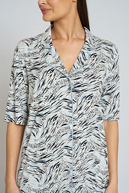 Pınarca Kadın Pijama Takımı Kısa Kollu Gömlek Yaka Desenli