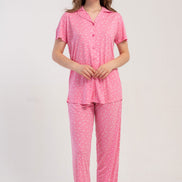 Pınarca Kadın Pijama Takımı Kısa Kollu Gömlek Yaka Desenli Viskon