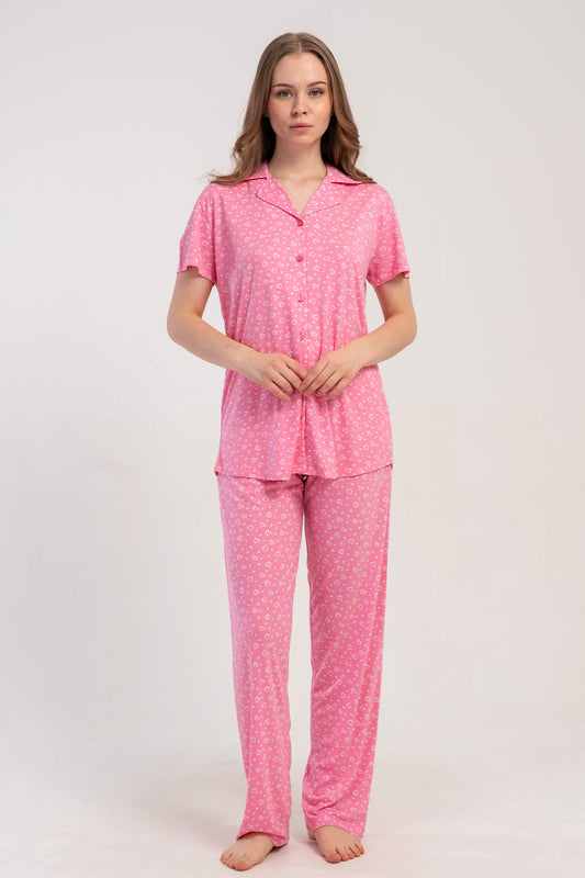 Pınarca Kadın Pijama Takımı Kısa Kollu Gömlek Yaka Desenli Viskon
