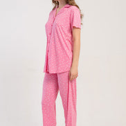 Pınarca Kadın Pijama Takımı Kısa Kollu Gömlek Yaka Desenli Viskon