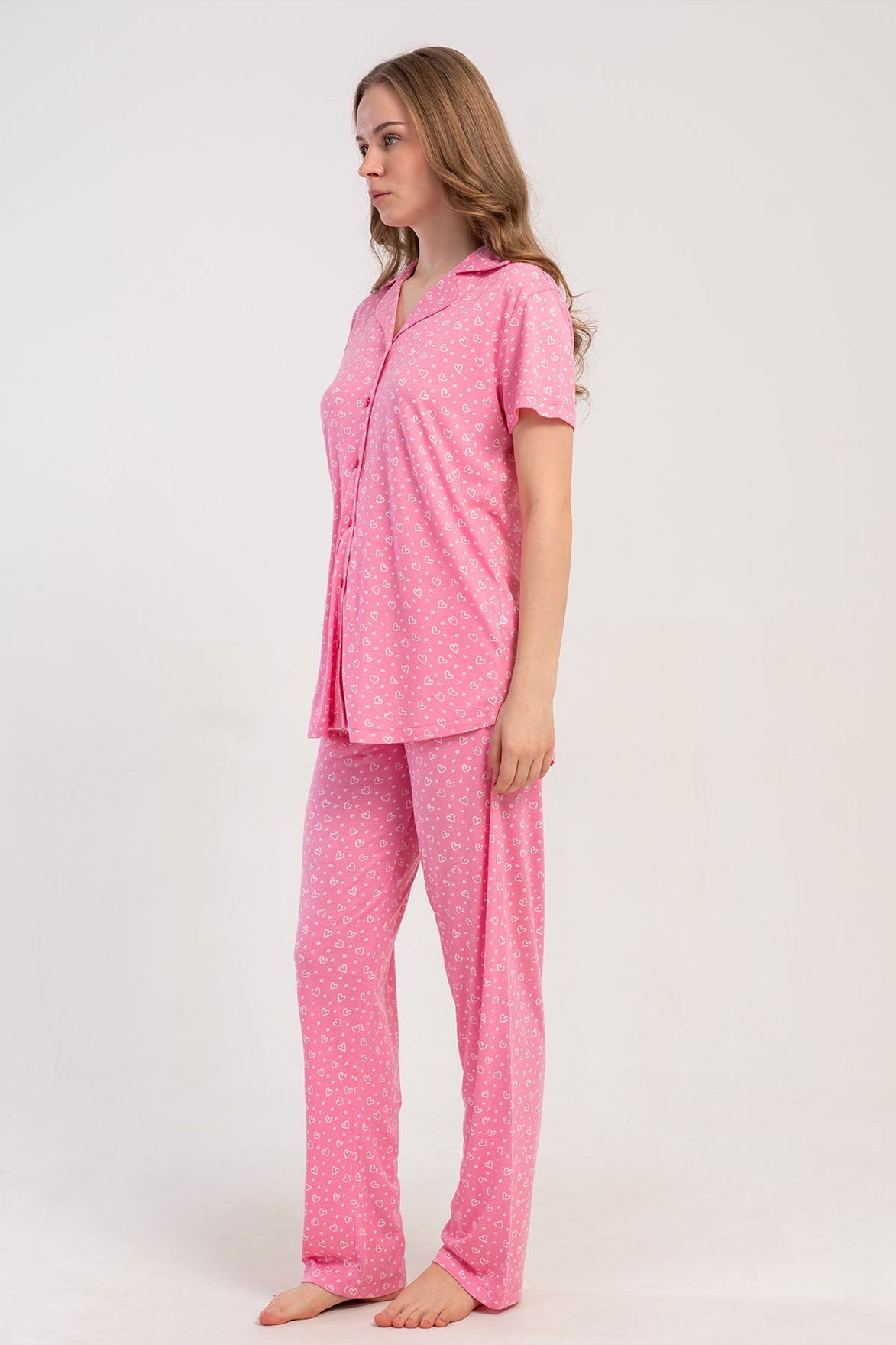 Pınarca Kadın Pijama Takımı Kısa Kollu Gömlek Yaka Desenli Viskon