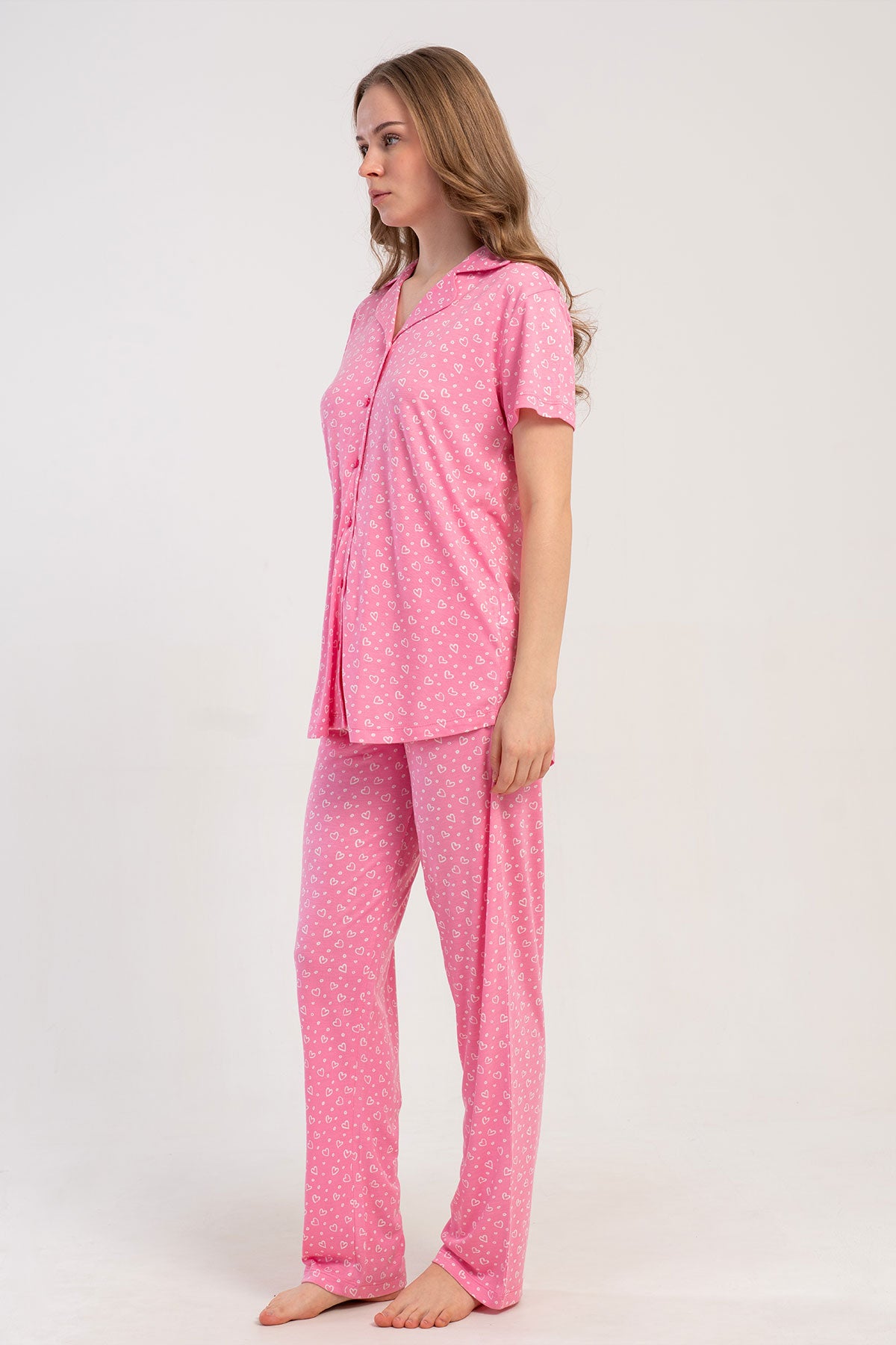 Pınarca Kadın Pijama Takımı Kısa Kollu Gömlek Yaka Desenli Viskon