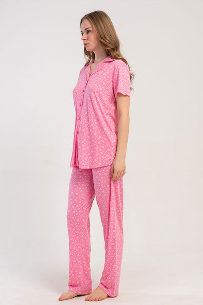 Pınarca Kadın Pijama Takımı Kısa Kollu Gömlek Yaka Desenli Viskon