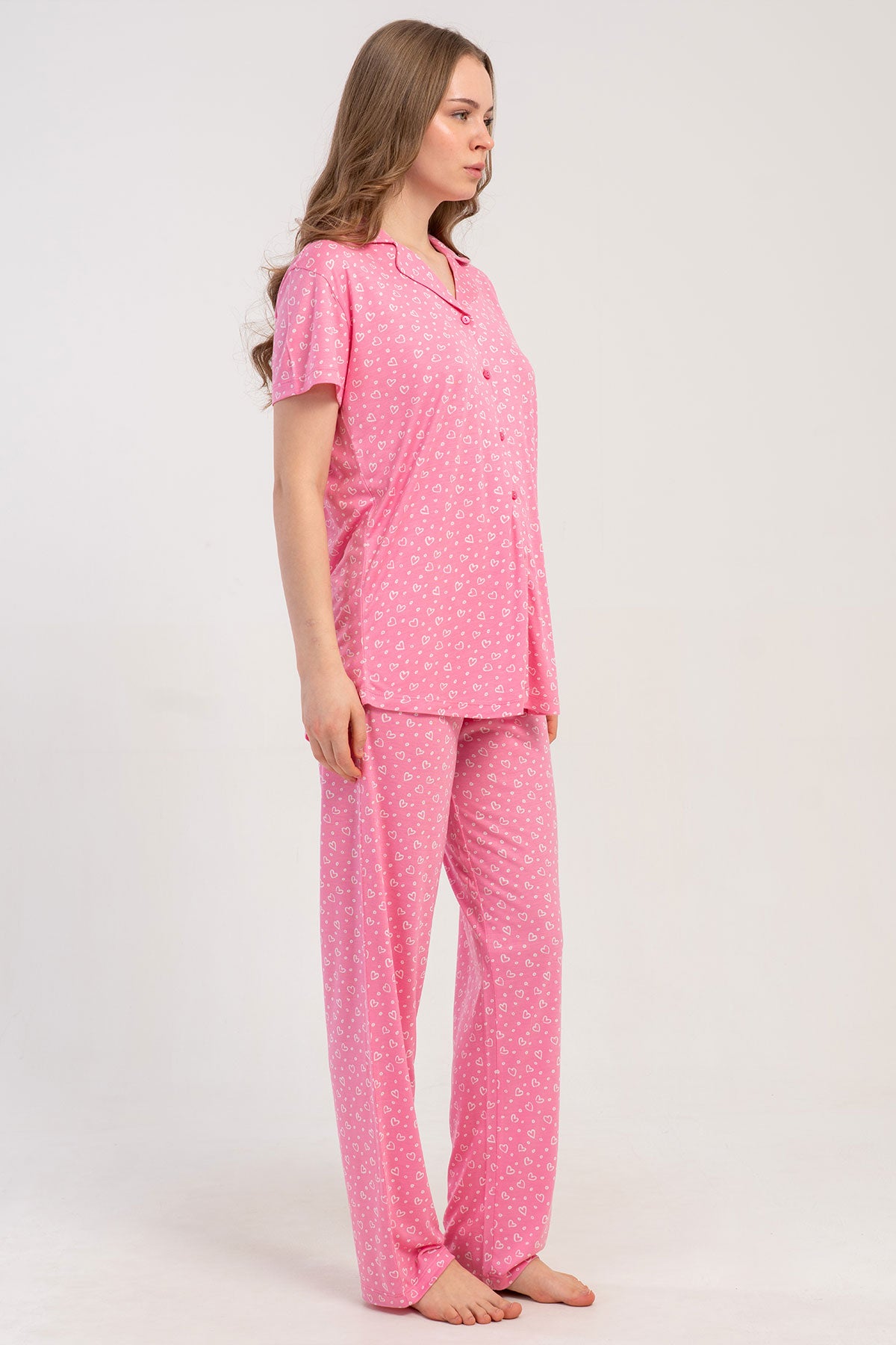 Pınarca Kadın Pijama Takımı Kısa Kollu Gömlek Yaka Desenli Viskon