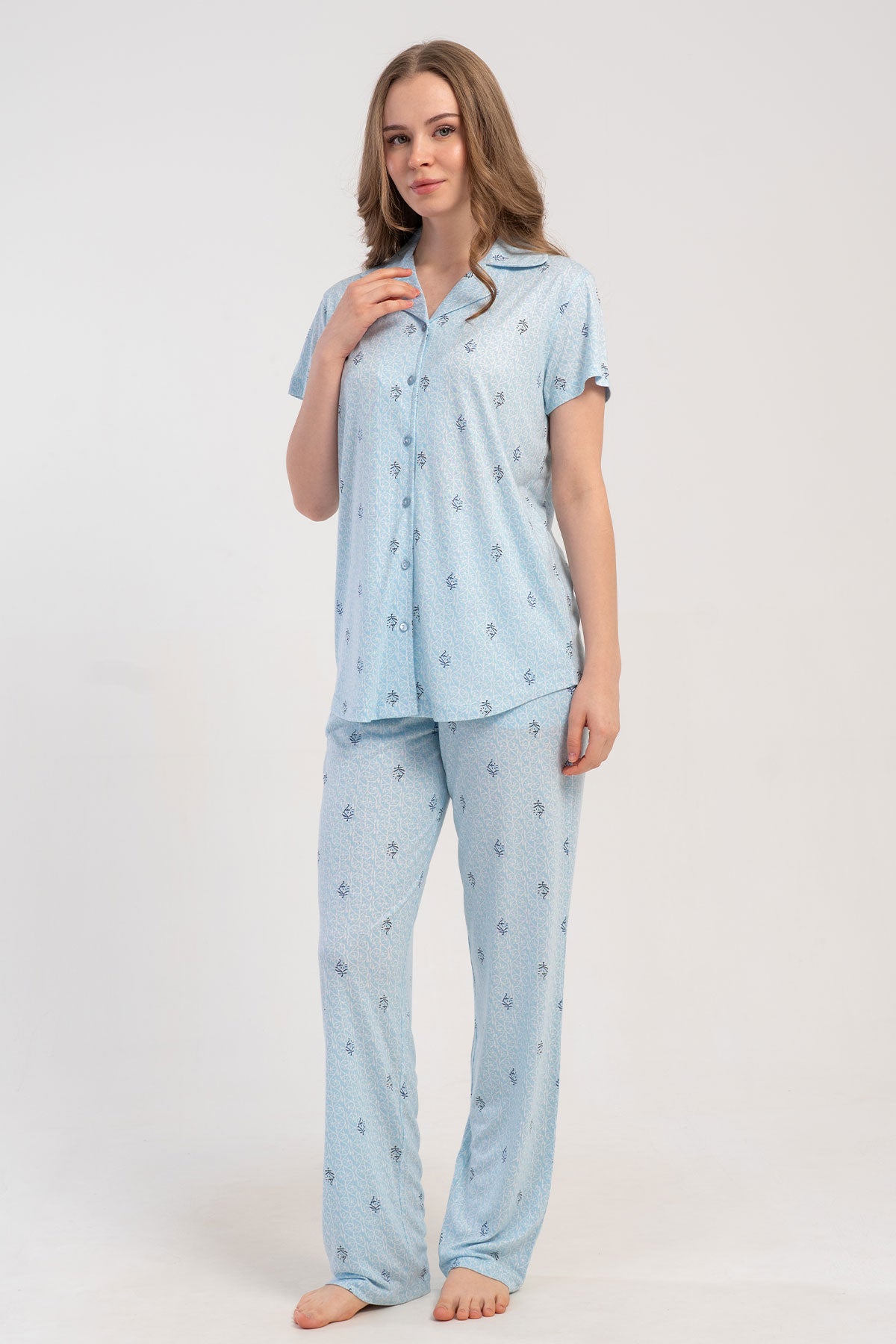 Pınarca Kadın Pijama Takımı Kısa Kollu Gömlek Yaka Desenli Viskon