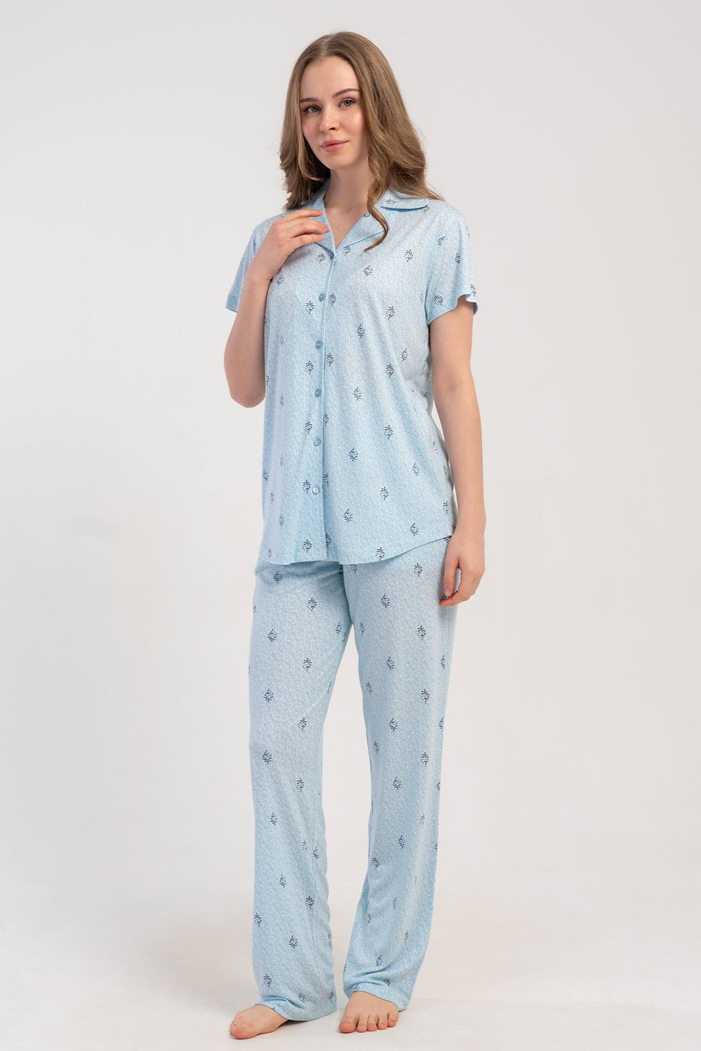Pınarca Kadın Pijama Takımı Kısa Kollu Gömlek Yaka Desenli Viskon