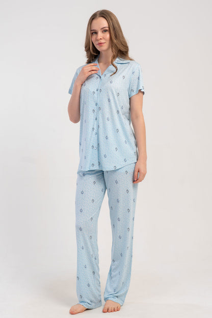 Pınarca Kadın Pijama Takımı Kısa Kollu Gömlek Yaka Desenli Viskon