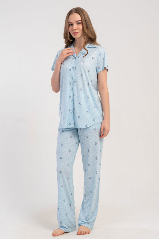 Pınarca Kadın Pijama Takımı Kısa Kollu Gömlek Yaka Desenli Viskon