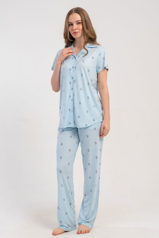 Pınarca Kadın Pijama Takımı Kısa Kollu Gömlek Yaka Desenli Viskon