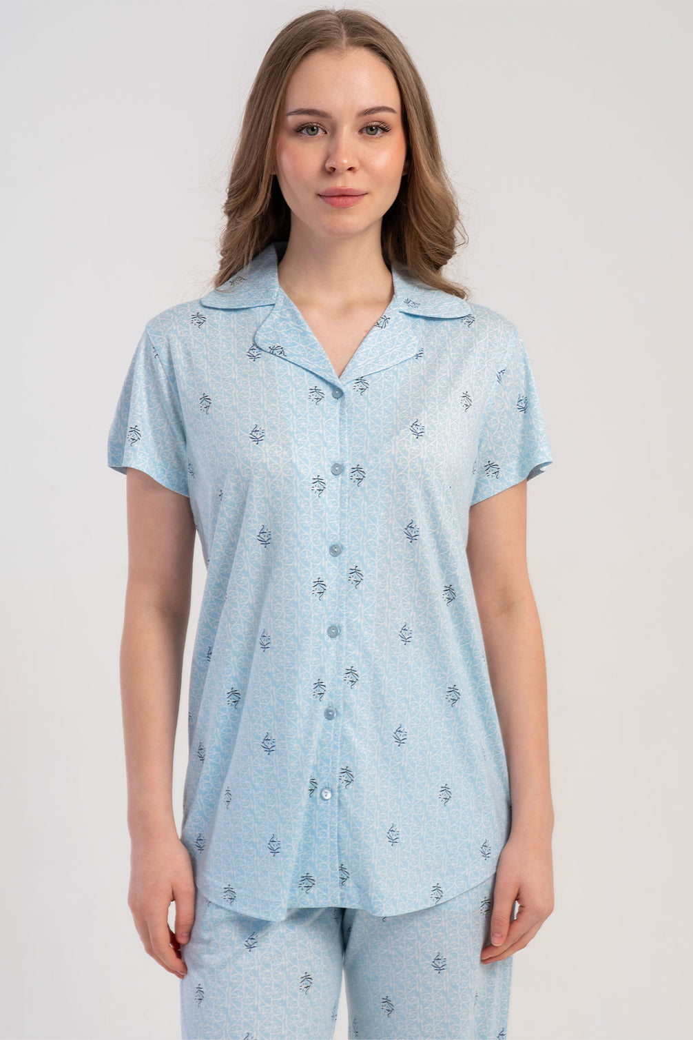 Pınarca Kadın Pijama Takımı Kısa Kollu Gömlek Yaka Desenli Viskon