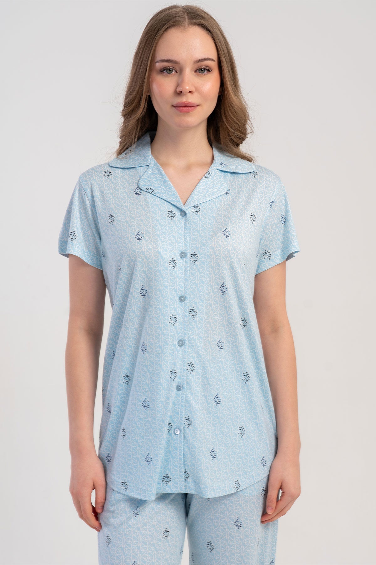 Pınarca Kadın Pijama Takımı Kısa Kollu Gömlek Yaka Desenli Viskon