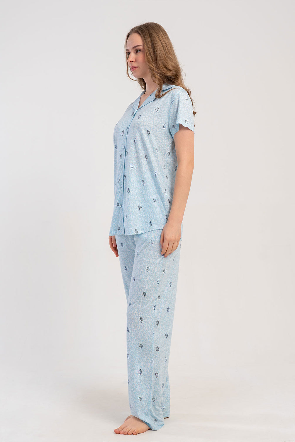 Pınarca Kadın Pijama Takımı Kısa Kollu Gömlek Yaka Desenli Viskon
